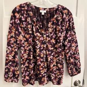 J Jill Floral Button Up Long Sleeve Shirt Sz Lg Petite Purple Pink Tan Orange